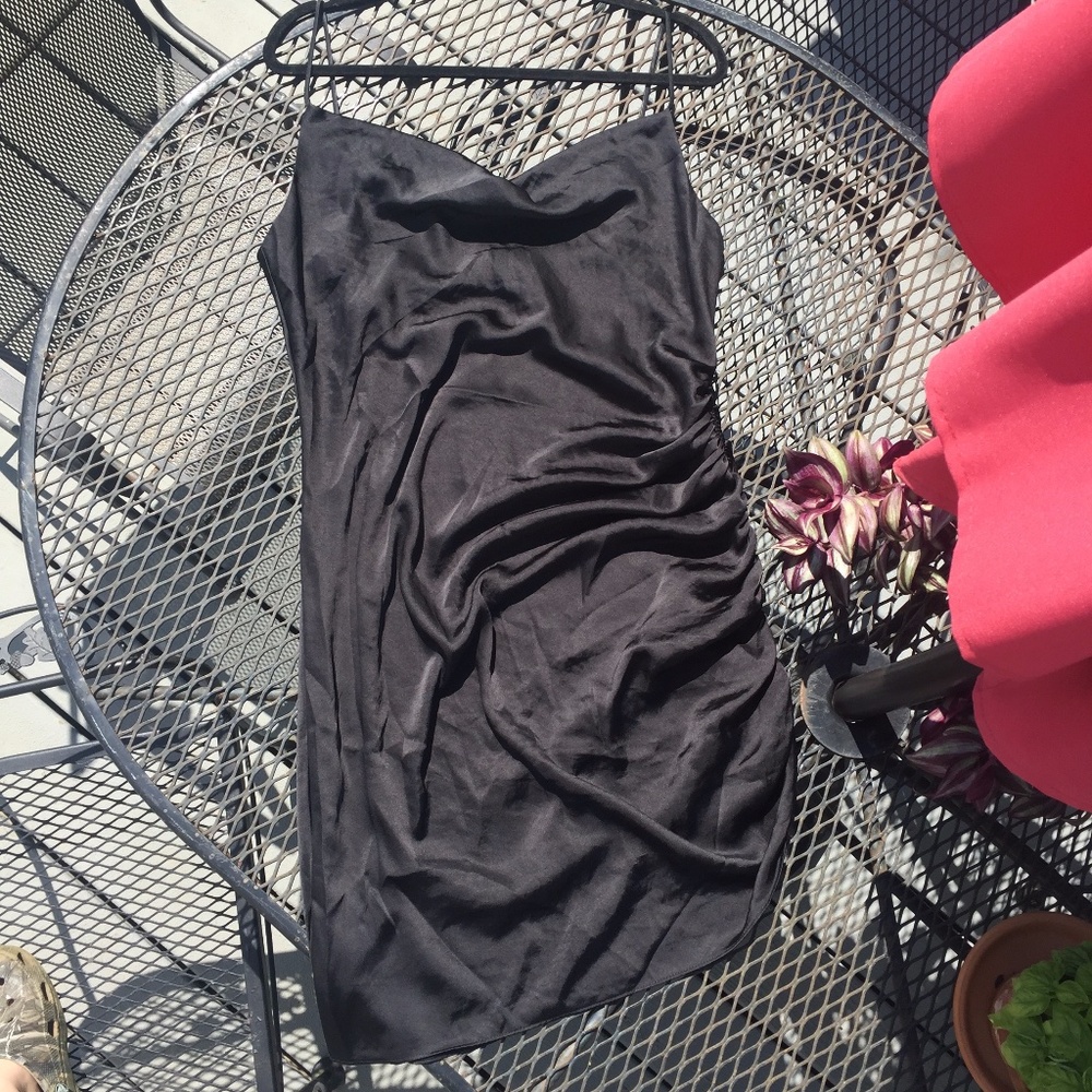 Black Aritzia Ruched Silk Slip Dress